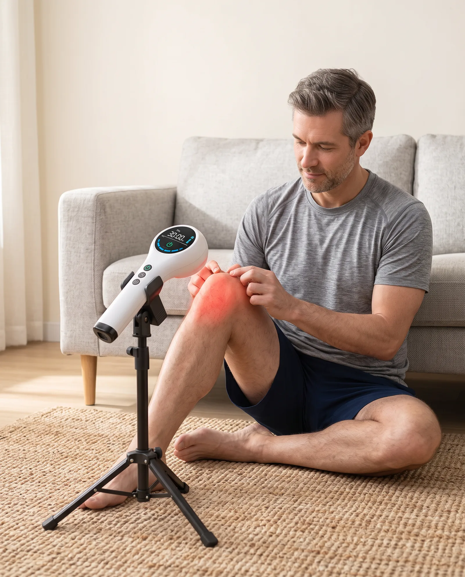 Man using a CAREMORR handheld red light device on its stand