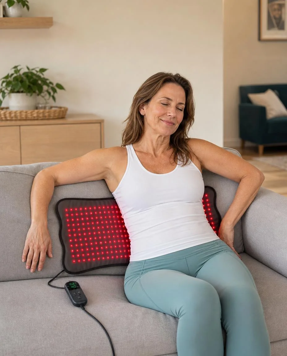 Woman relaxing at home with a CAREMORR red light therapy mat