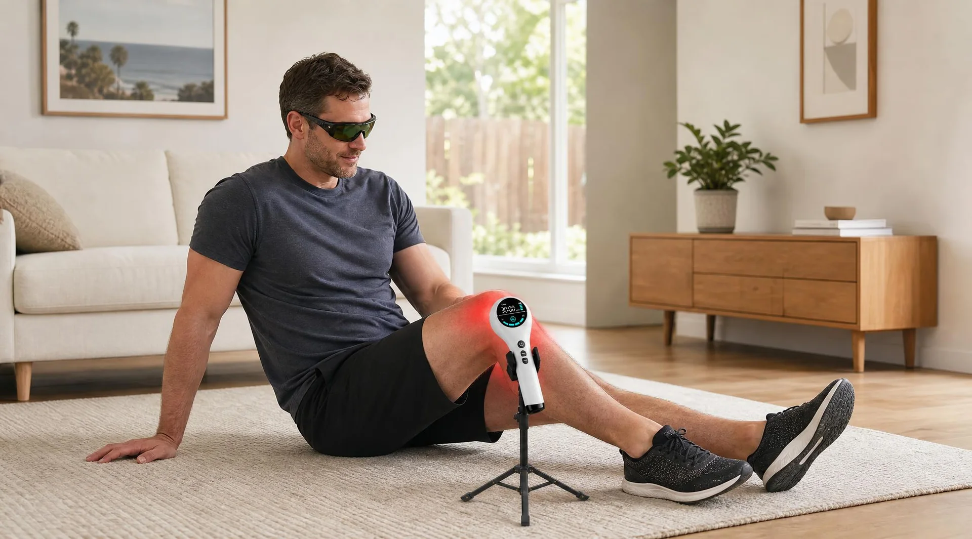 Man using the CAREMORR handheld red light device and stand on his knee